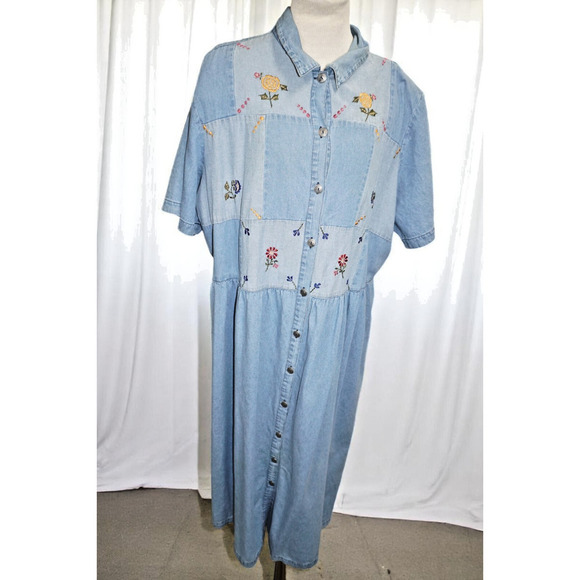 Vintage Sarin Plus Denim Midi Dress 2X – Floral Embroidered Button Front Cottage - Picture 1 of 10